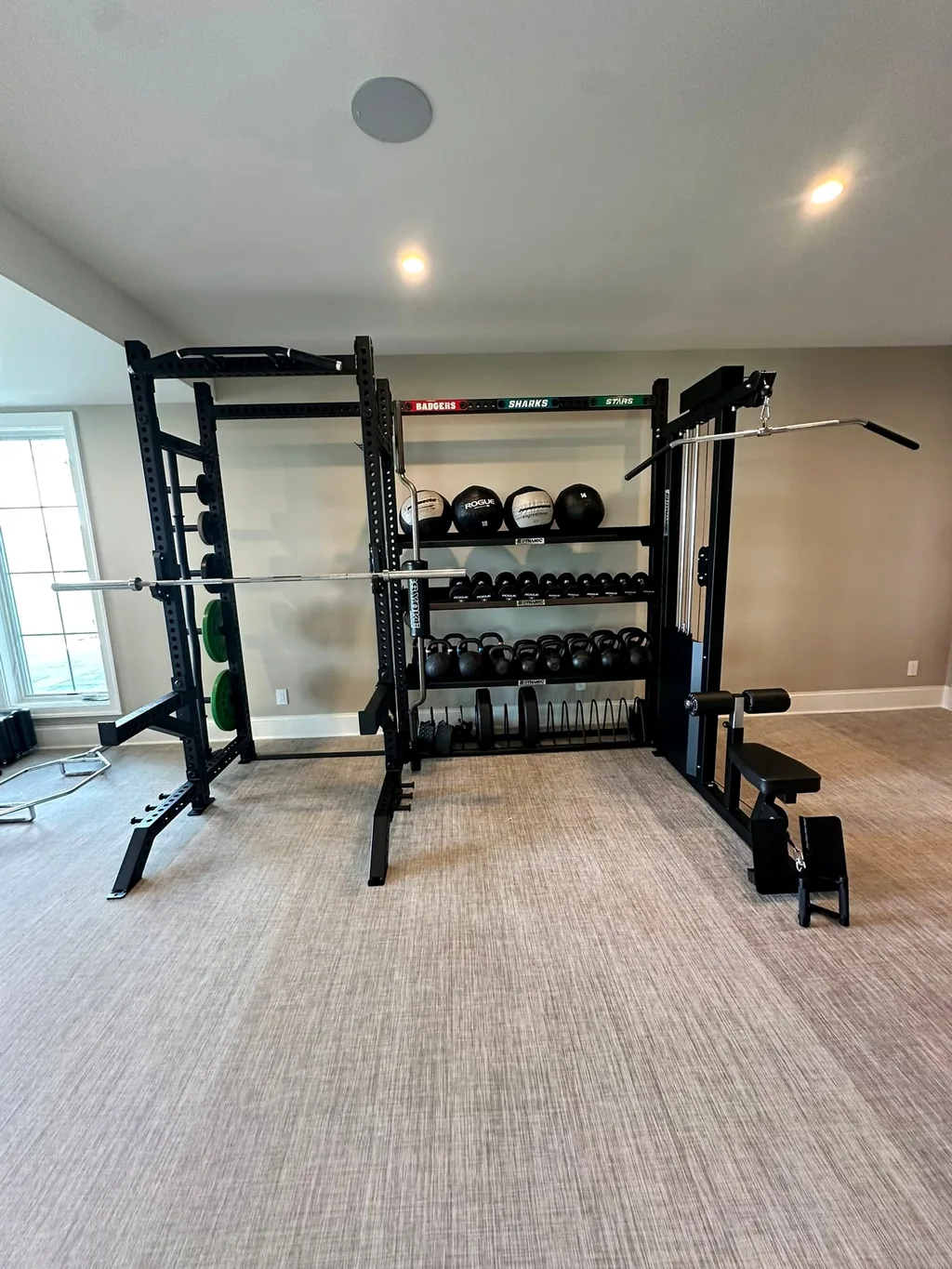 Black power rack with cable tower, kettlebell and medicine ball storage in a private strength room